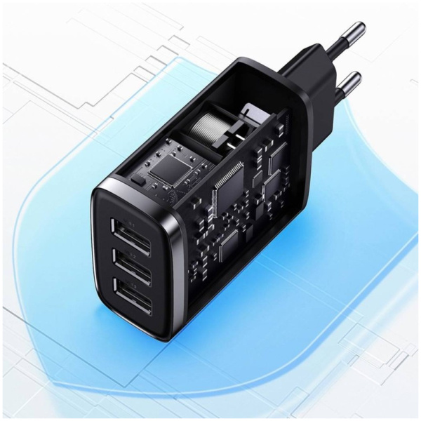 Baseus kompakt hálózati gyorstöltő 3x USB-A port (220V), max 17W, fekete #4