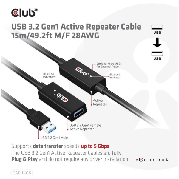 Club3D USB 3.2 extender kábel 5 Gbps, aktív 15m #2