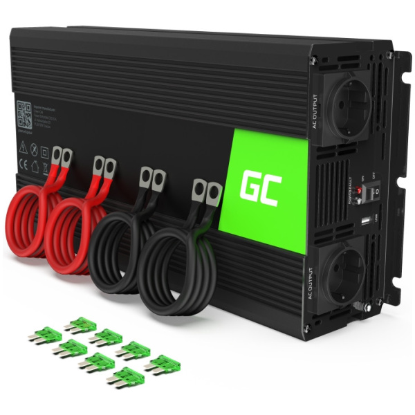 Green Cell autós inverter 2x Schuko + USB, 12V DC > 230V AC (2000W) #1