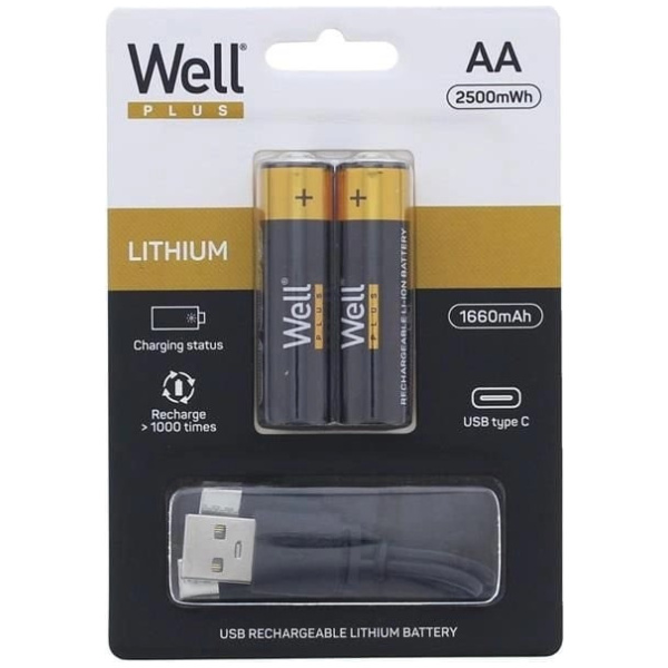 Well újratölthető Lithium akku AA (ceruza) 1660 mAh (2db) USB-C kábellel #1