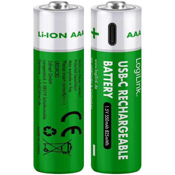 Logilink Lithium-ION akku AAA (LR3) mikro ceruza 550 mAh (2db) USB-C kábellel #1