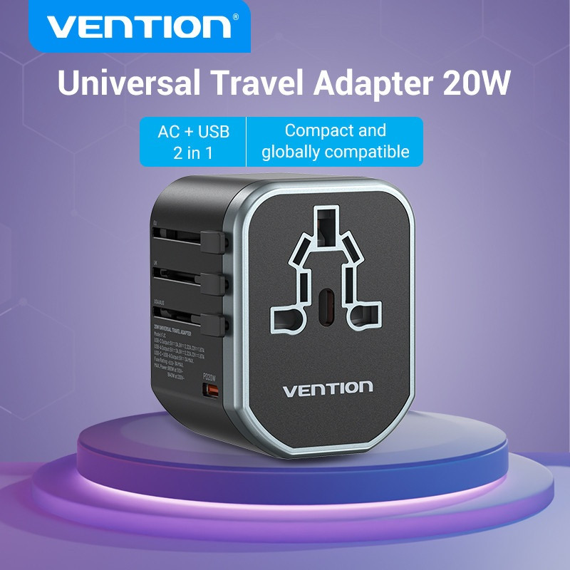 Vention hálózati utazótöltő (1x USB-C + 2x USB-A port, 20W - US, EU, UK, AU) #2