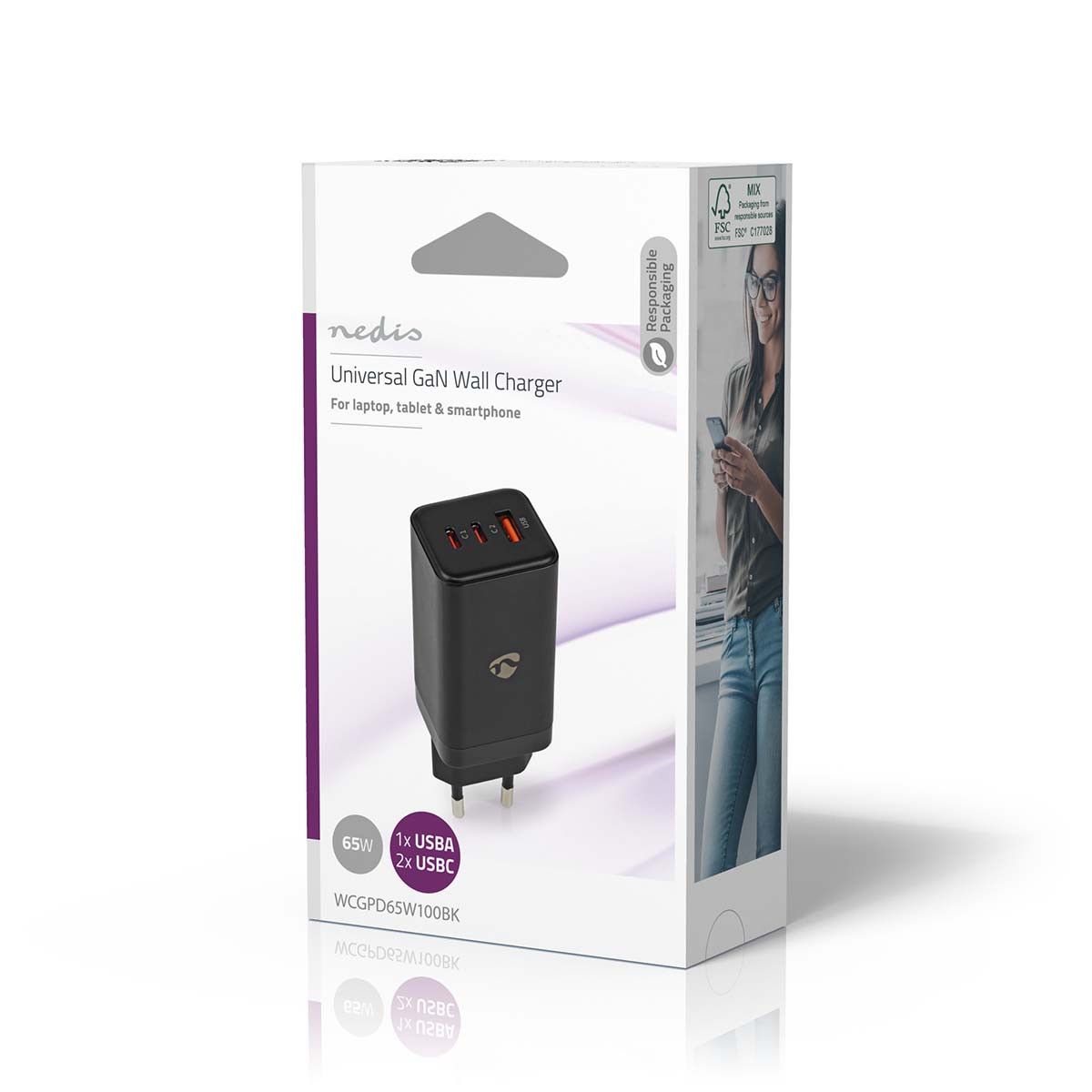 Nedis USB fali GaN gyorstöltő 65W (220V) - 3.0 / 3.25A (1x USB-A, 2x USB-C) #5