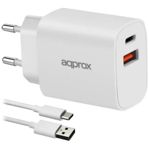 Approx USB-s töltő 3A, 1x USB-A,1x USB-C port 20W + USB-A >C kábel (fehér) #1