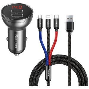 Baseus Digital Display autóstöltő 24W, 2×USB Type-A, 1.2m 3 fejű kábellel #1